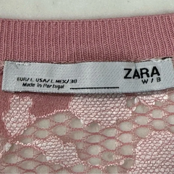 ZARA Blouse Pink Short Bell Sleeve Lace Crop Ribbed Round Neck Sheer Top… - Picture 10 of 15